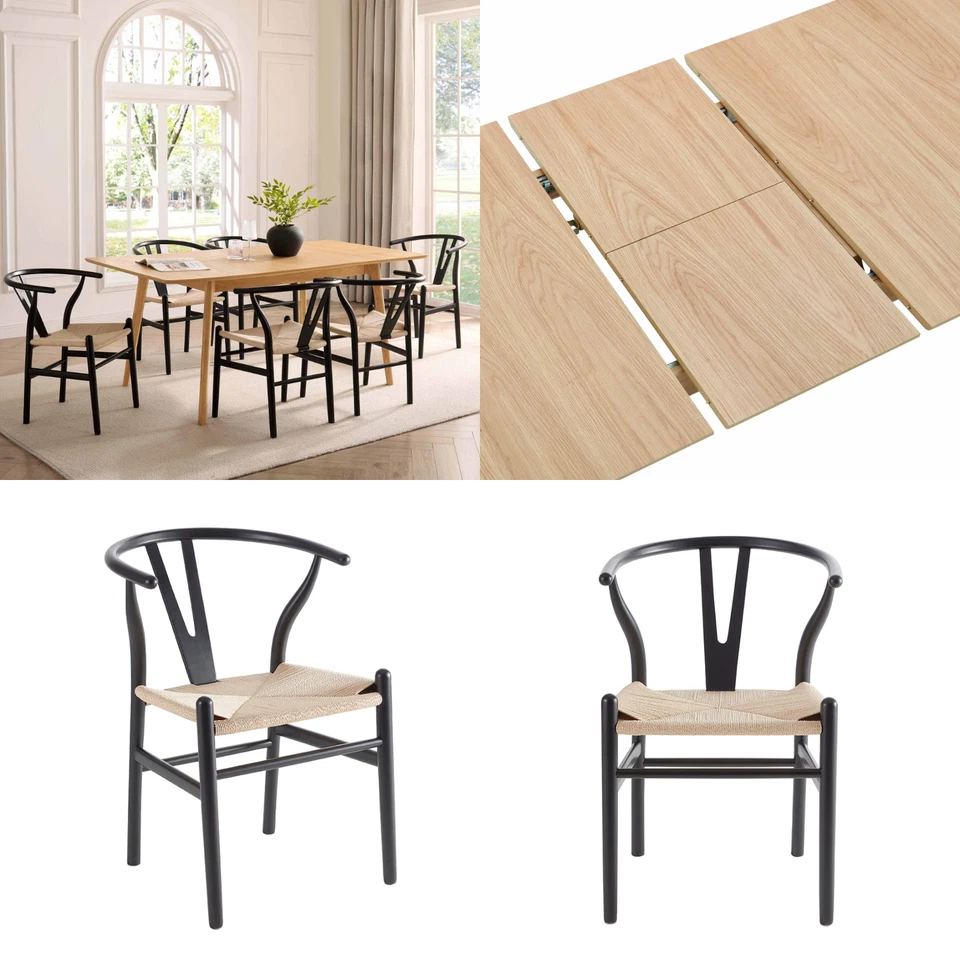 Dusk Heidi Oak Dining Table + 6 x Jade Dining Chairs in Black/Natural RRP £1094