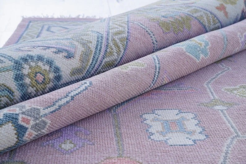 Hand Knotted Oushak Pink Wool Area Rug in Multiple Sizes 4x6 to 12x15