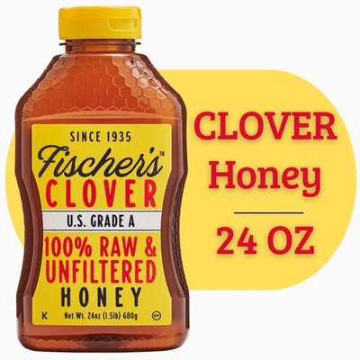 Fischer's Honey Clover Honey 24oz, 100% Pure, Raw and Unfiltered , 24 oz Squeeze