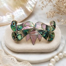 VTG Alpaca Mexico Silver Hair Barrette Women Abalone Shell Inlay Butterfly Signd