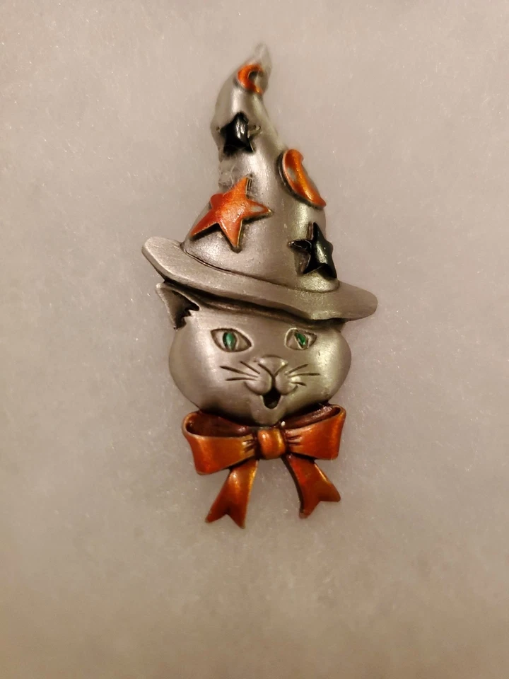2.5" JJ Jonette Silver-T Pewter Black Orange Halloween Cat Wizard Hat Brooch Pin - Image 4 of 4