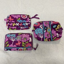 Vera Bradley 3P Set Wallet  Cosmetic Bag  Coin Pouch Purple Floral Quilted Zip