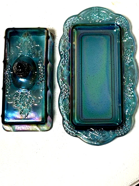 VTG INDIANA IRIDESCENT BLUE CARNIVAL GLASS HARVEST GRAPE BUTTER DISH - Image 3 of 4