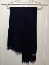 Polo Ralph Lauren Navy Blue Scarf Merino Wool Knit Fringe Classic Logo