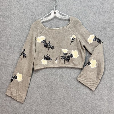 Willow Clay Pullover Sweater L Taupe Embroidered Flare Sleeve Lagenlook Grunge