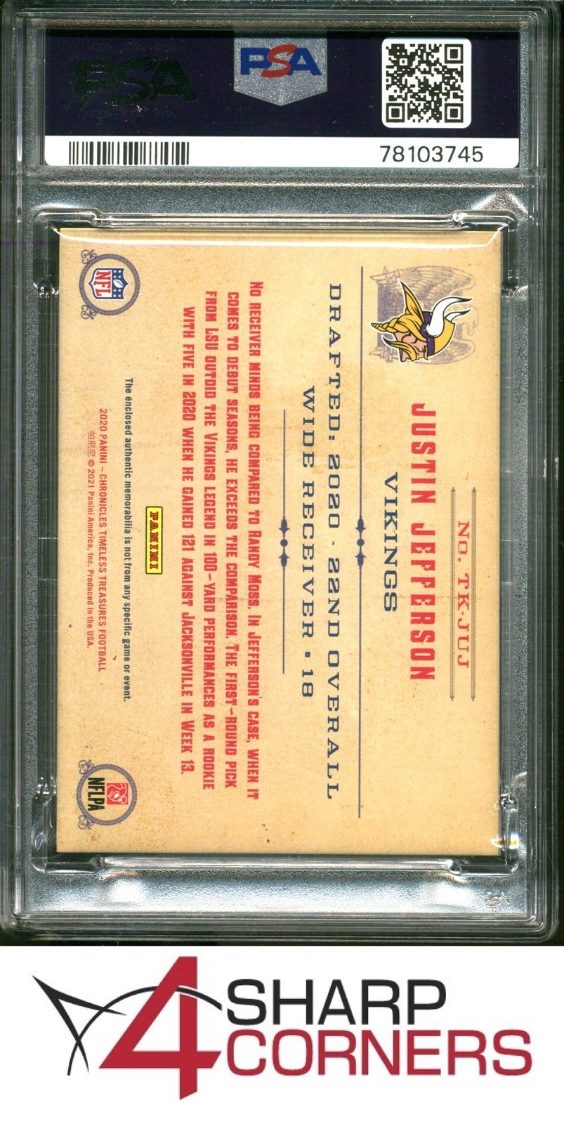 2020 CHRONICLES TIMELESS TREASURES JERSEY #TKJUJ JUSTIN JEFFERSON RC #/399 PSA 9 view 2