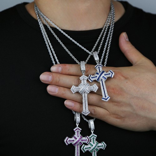 Collana con ciondolo croce zirconi colorati 24 pollici ghiacciati 5A placcati oro hip hop per uomo - Foto 4 di 16