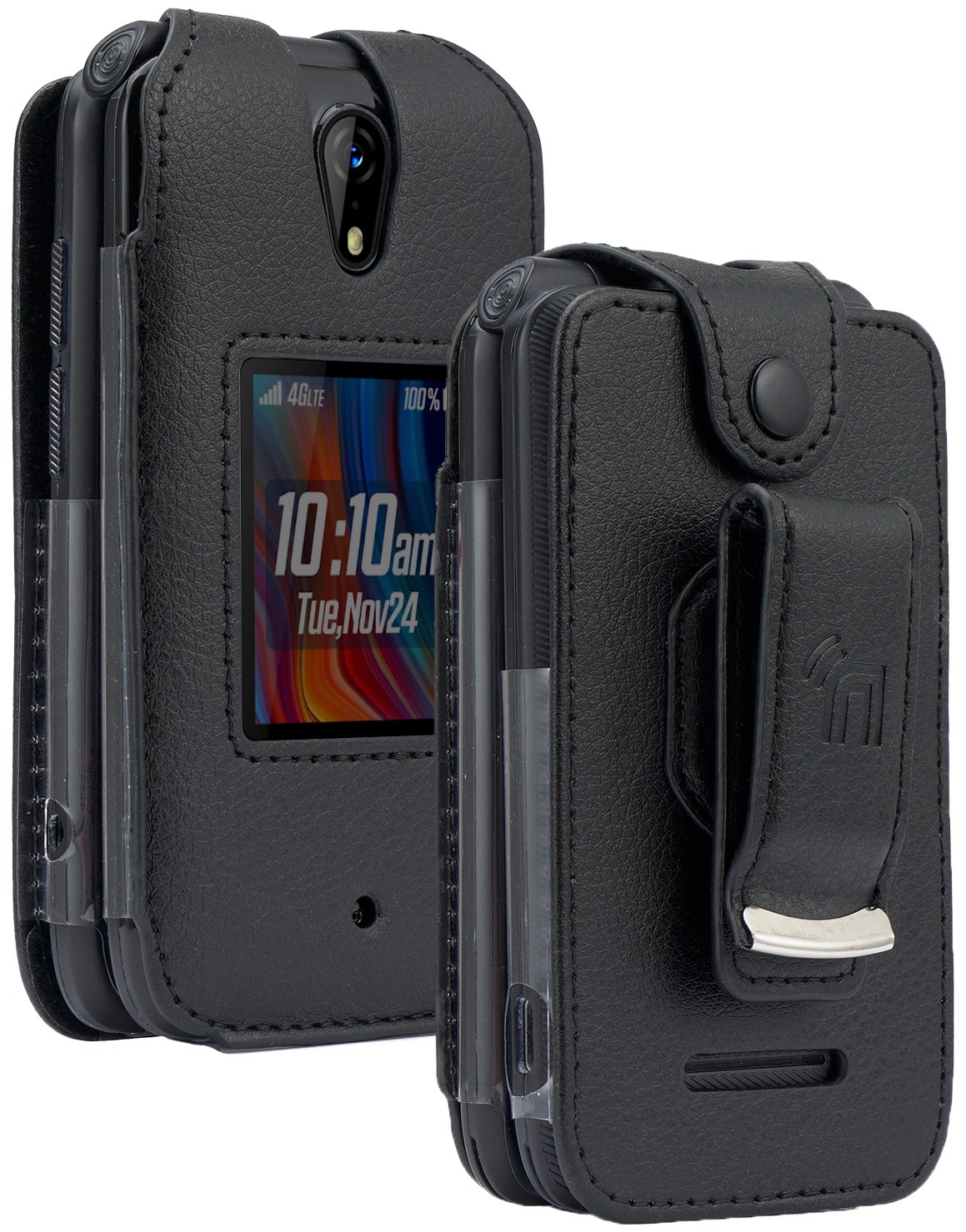 Black Vegan Leather Case Screen Protector Belt Clip for Schok Flip Phone (2022)