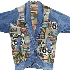 Vintage Route 66 Tapestry Denim Jacket Womens Medium Blue Cotton Made in USA 90s