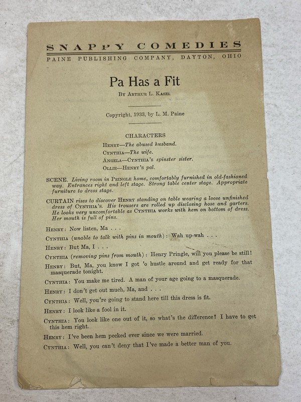 Snappy Comedies Pa Had a Fit Arthur L Kasel Play 1933 L M Paine Publishing Co OH