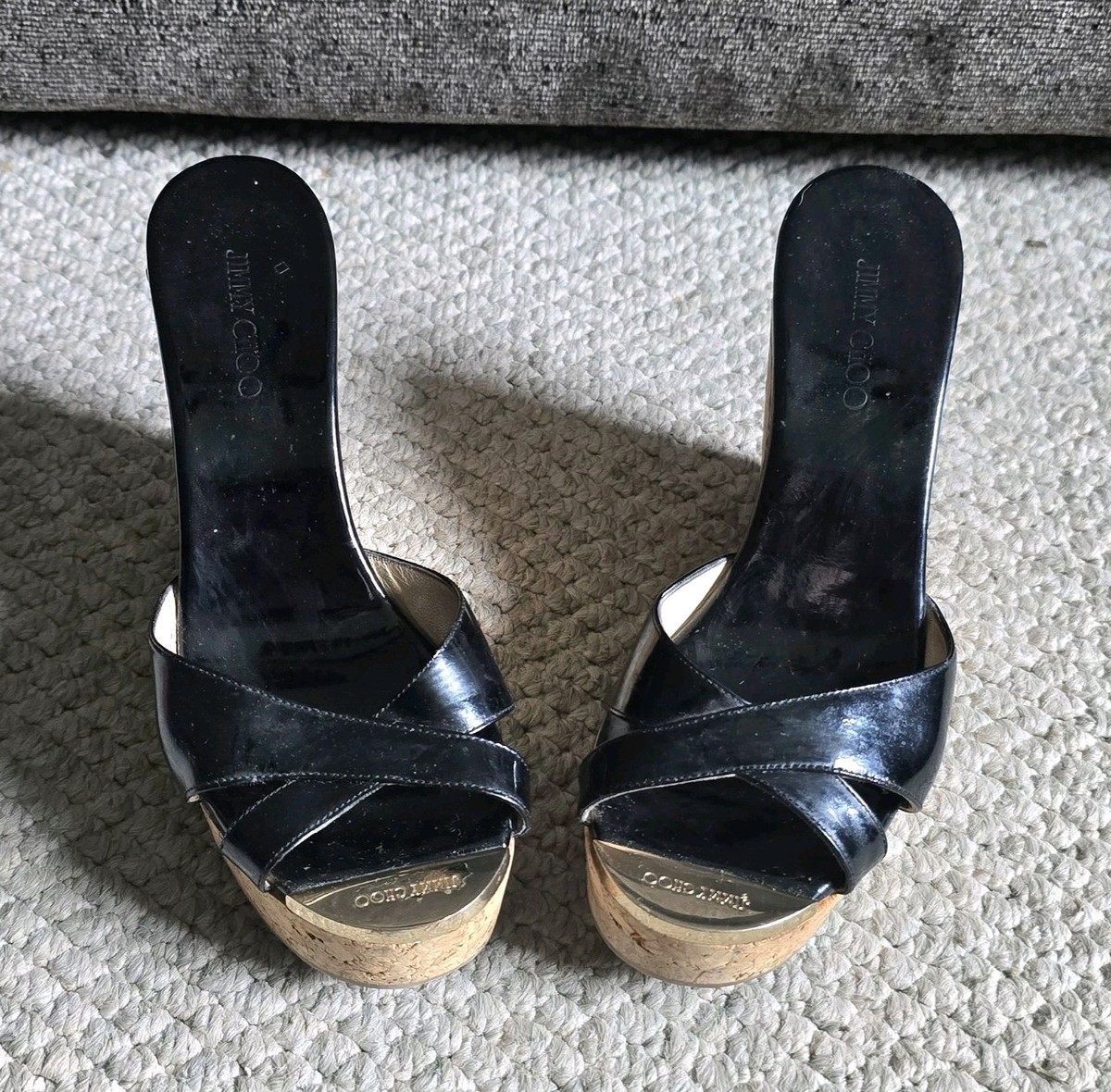 Jimmy Choo Perfume Black Patent Leather Wedge Cork Platform Sandal