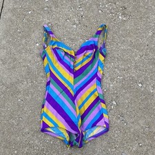 VTG 50 60s JANTZEN Playsuit Romper One Piece Purple Striped Pinup Swimsuit Sz 10