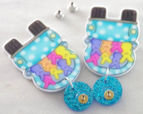 Cute! 2-Sided! 2+" EASTER BUNNY PEEPS IN BLUE VAN ACRYLIC DROP DANGLE EARRINGS - Picture 13 of 15