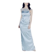 size 10 Ice Blue Stamped Satin Pleated Gown Adrianna Papell Formal Maxi Dress