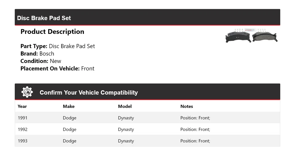 Pastillas de freno semimetálicas para Dodge Dynasty Bosch 1991-1993 con delantera HDW 1992 Foto 2 de 4