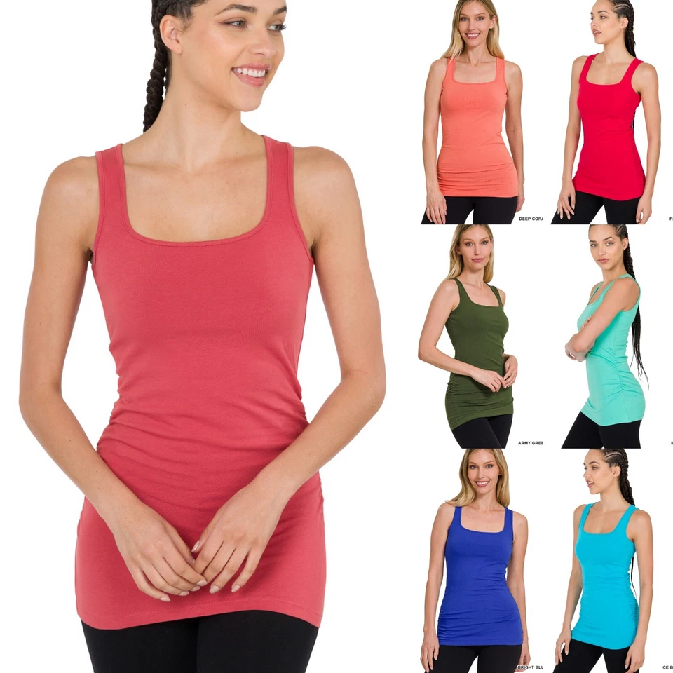 Women's Square Neck Cotton Tank Side Ruched Long Length Soft Stretch Comfort Top - Image 1 of 1