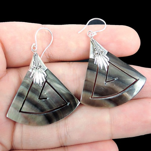 925 Sterling Silver Triangle ShapedNatural Dark Shell Earrings Hand ...