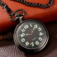 Black Luminous Arabic Number Quartz Movement Pocket Watch with Fob Chain Gifts