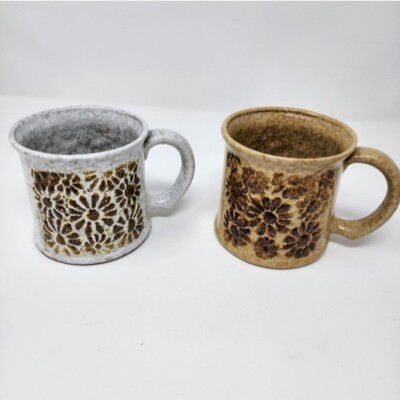 Brown Tan Gray Floral Coffee Tea Pottery Mug Set Of 2 Artisan Crafted Cottagecor