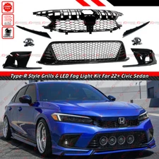 FOR 22-24 CIVIC GLOSS BLK TYPE-R STYLE FRONT UPPER & LOWER GRILL + FOG LENS KIT