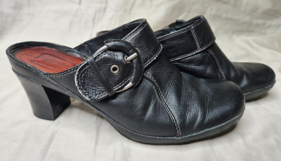 Clarks Mules Clogs Womens Size 9 Black Leather Slip On Block Heel Buckle Accent