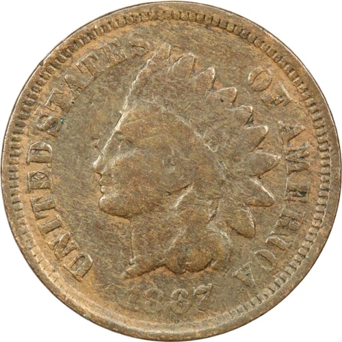1867 Indian Head Cent 1C, Very Good VG, Weak Strike/Grease Filled Die