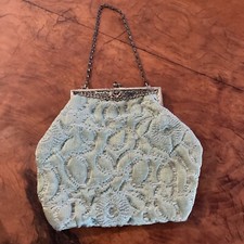 Antique Tapestry Purse Bag Green Color Textured Ornate Metal Blue Jewel Closure