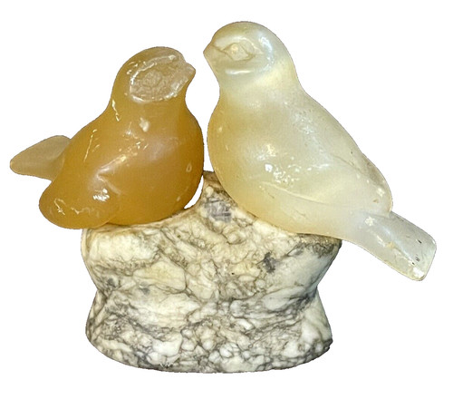 Vintage USSR Carved Gypsum Selenite Satin Spar Love Birds on Marble Russian