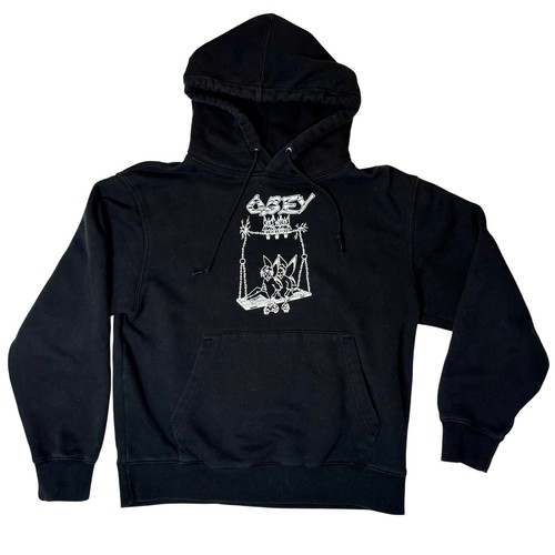 OBEY Worldwide Fairy Hoodie Mens Small Black Graphic Pullover Streetwear Skater