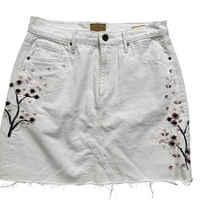 Driftwood Sz 28 Stef Embroidered Cherry Blossom Denim Skirt Raw Hem White