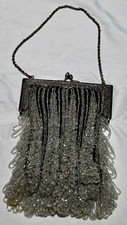 Art Deco Micro Glass Beaded Fringe Evening Bag - Silver Frame - Flapper - 1920s