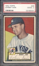 1952 Topps Baseball Johnny Sain ( PAGE BIO ERROR ) BLACK BACK #49 PSA 2 YANKEES