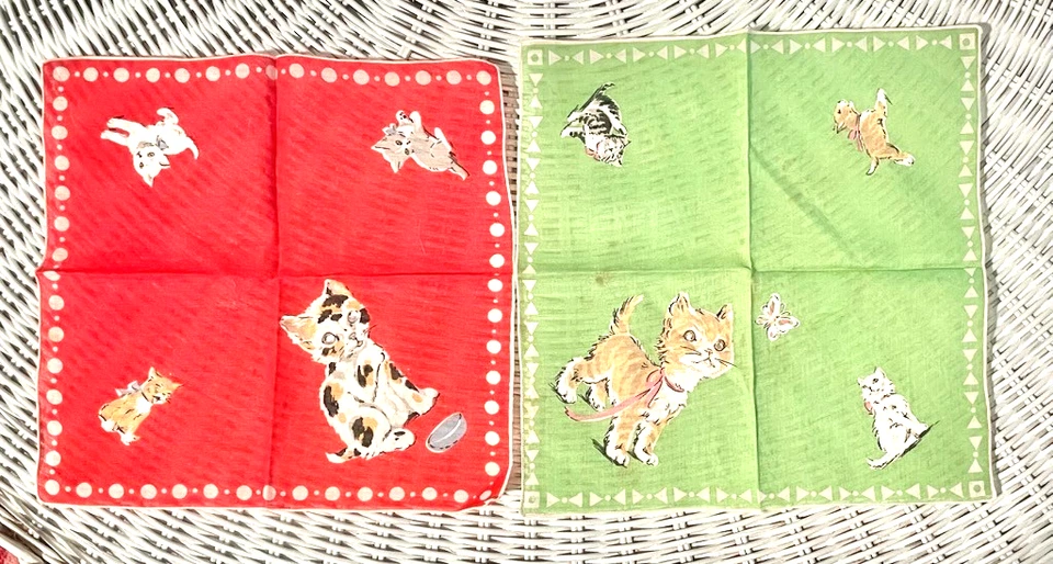 Juego de 2 pañuelos vintage para niños gatito gatos gatito algodón con ojos con joyas dulce Foto 3 de 4