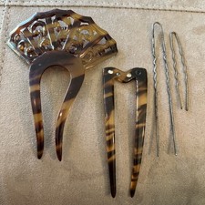 2 Antique Art Deco Celluloid Faux Tortoiseshell Hair Combs , and 2 pins