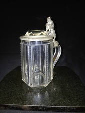 19. Jhd. Biedermeier Bierkrug 0,5 L Glas Geschliffen Deckel Zwerg Zinn Alt