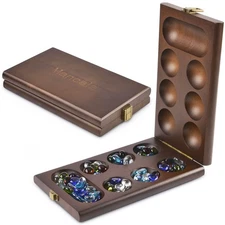Wooden Mancala Board Game Set with 72+8 Bonus Multi Color Glass Stones - Fold...