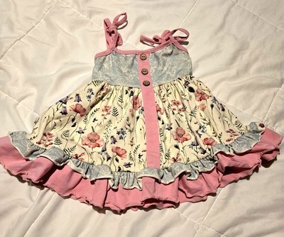 Girls Floral Pink Ruffle Sleeveless Sundress Knee Length Button Detail