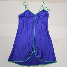 Val Mode Lingerie Vintage Blue and Green Satin Slip Nightgown Chemise MadeinUSA