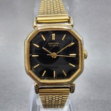Seiko Watch Women 20mm Black Dial Gold Tone Octagon 2C21-5170 New Battery VTG