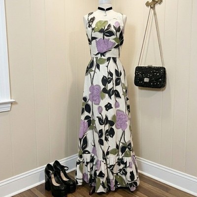 Kentucky Derby Vintage Floral Maxi Dress Ruffle Sleeveless Formal Brunch Summer