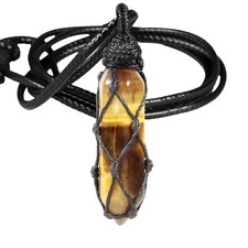 Hexagonal Tiger s Eye Crystal Points Pendant Necklace for Unisex Wrapped Stone W