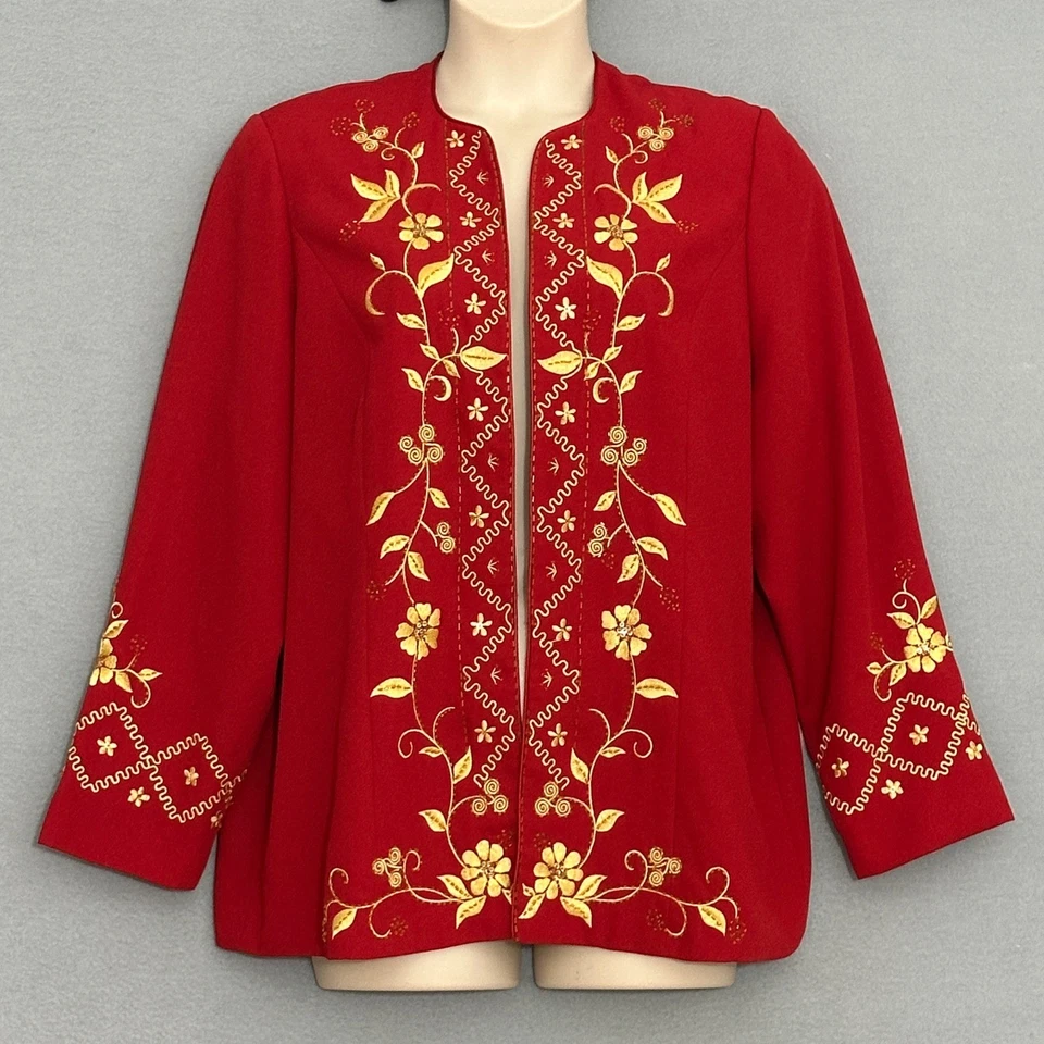 Amelia Key Womens Jacket Plus 18W Red Gold Embroidered Blazer Open Holiday Party - Image 2 of 4