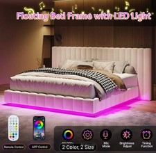 Marco de cama tapizado de terciopelo Luxoak con cabecero ancho luz LED roja queen