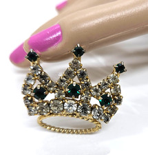 Vintage Green Crown Rhinestone Brooch Pin Gold Tone Multi Stone Design 1 1/4"