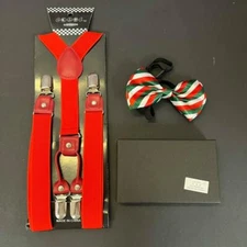 Christmas Holiday Candy Cane Bow Tie & Red 4clips Suspenders for men
