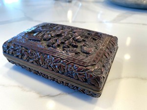 Antique Chinese Carved Cinnabar Lacquer inscribed Rectangular Box