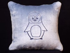 New Embroidered Soft Fuzzy Blue Baby Penguin Pillow 12 x 12 in insert