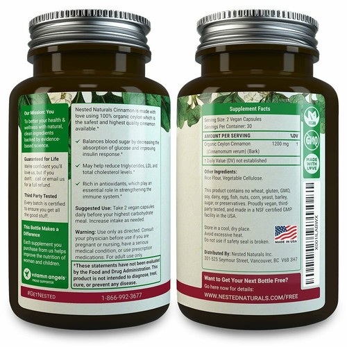 Ceylon Cinnamon 1200mg | 60 Vegan Supplement Capsules by Nested Naturals - Picture 2 of 2