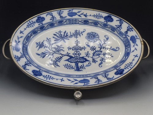 MEISSEN BLUE ONION 15" PLATTER MOUNTED SILVER WARMER CARL DEFFNER GERMANY 1900 - Picture 2 of 10