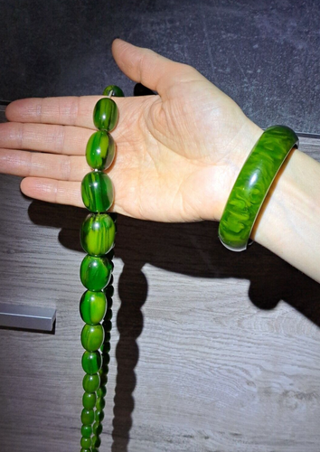 Chameleon Marble Bakelite Catalin Translucent Antique Set Bead Necklace Bracelet - 第 1/24 張圖片